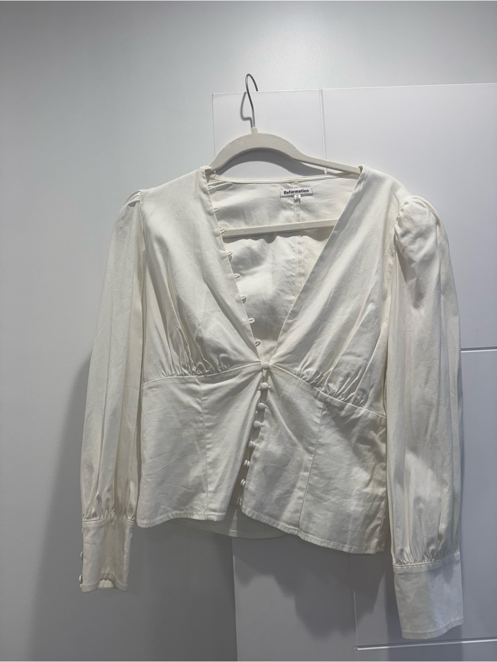 Reformation Cream V-Neck Covered-Button Blouse